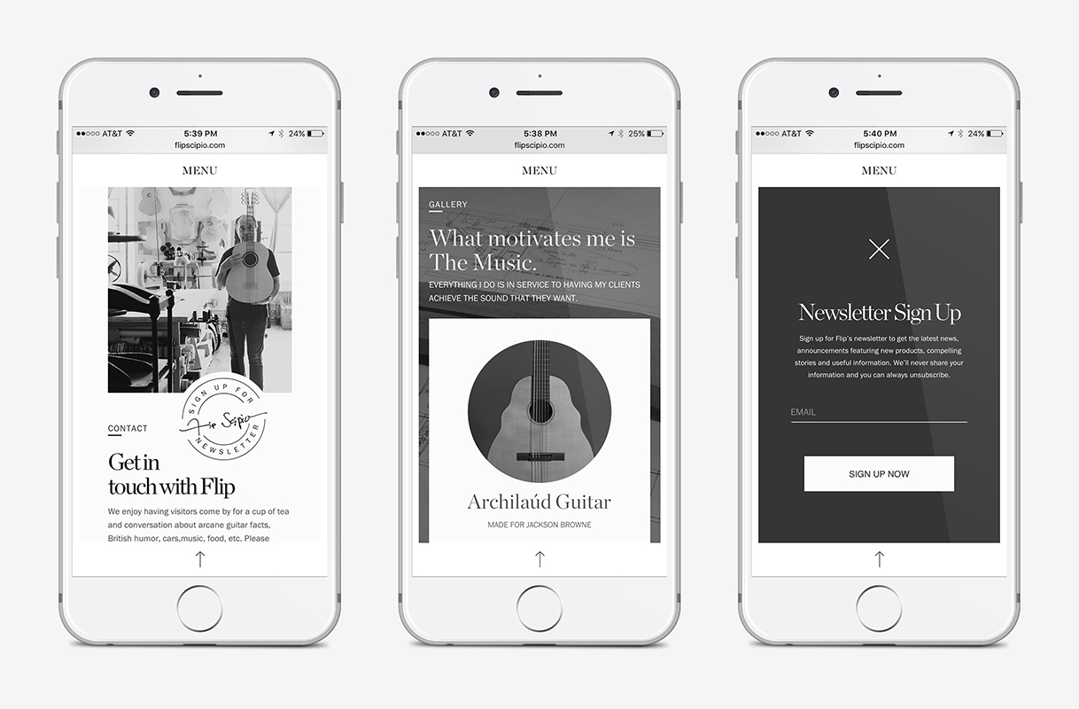 2016 Vega Digital Awards | Flip Scipio Guitars Web Home Page Design